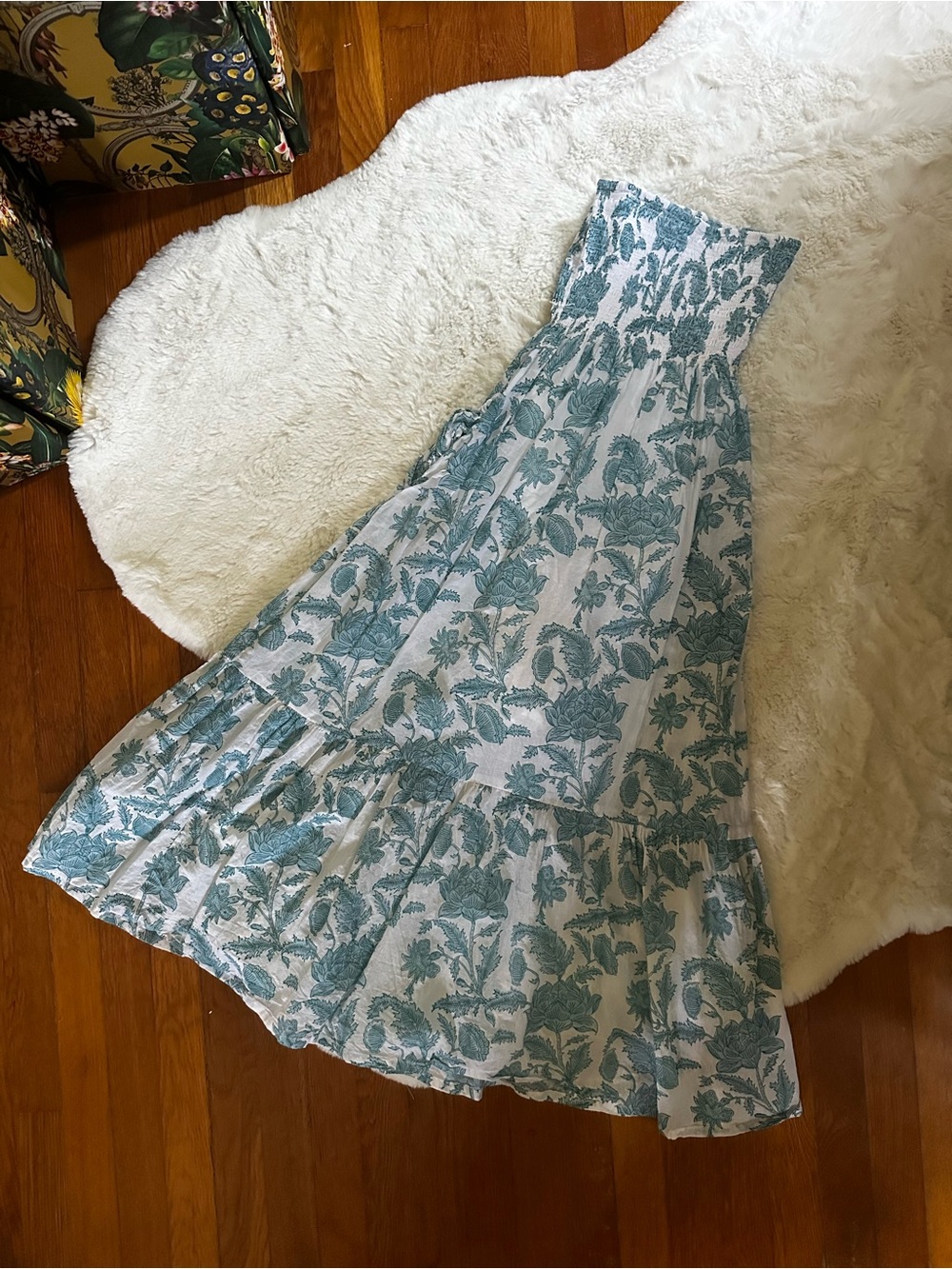 SZ Blockprints Smocked Mira MIDI Teal Floral Strapless Dress XS